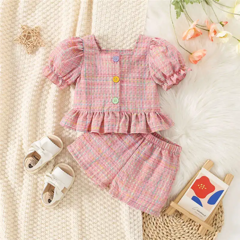 Baby Clothing Clearance - 0〜3歳の女の赤ちゃんのためのツーピースセット,綿,色付きの市松模様,バブルスリーブ,トップとショーツ,かわいいプリンセススタイル,夏