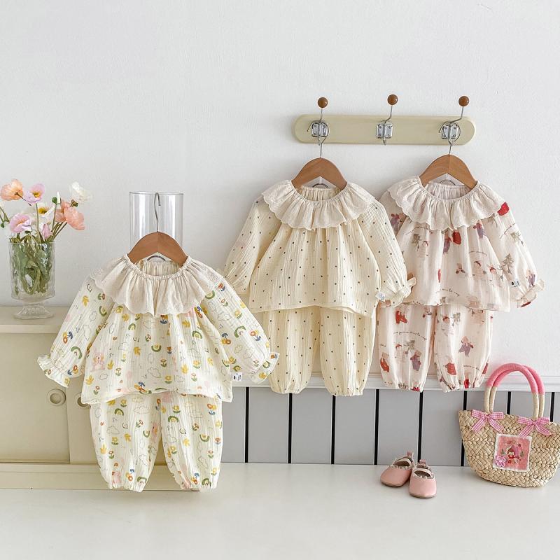 Baby Clothing For Sleep - 春秋ベビーガールホーム服セット可愛いプリントパジャマ新生児長袖トップスパンツお揃いカジュアルキッズパジャマ