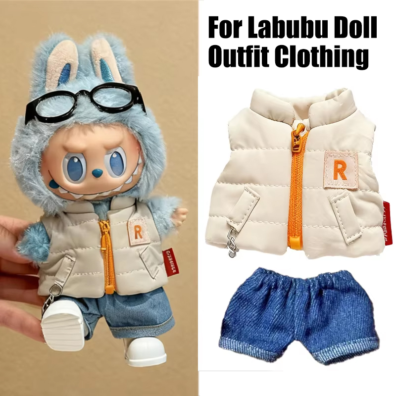 Baby Clothing Usa - 15～17cmのラビュブドール用、無地の冬用ダウンベスト、ジーンズ、靴、完全な服装、カラーブロッキングTシャツの服一式
