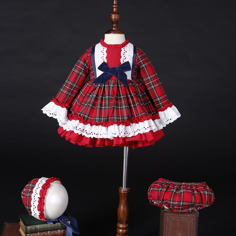 Baby Clothing For Girls - 女の赤ちゃん秋冬クリスマス赤チェック柄ヴィンテージスペインポンポンボールプリンセスドレス綿ロリータパーティー服帽子パンツ C5